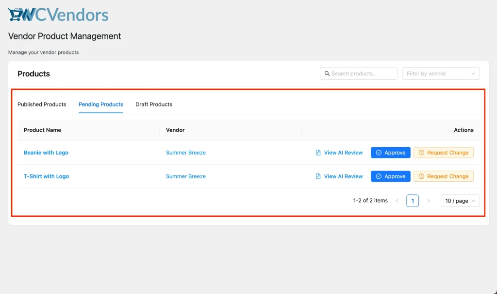 wcv - storeagent AI product moderation - pending products - WC Vendors