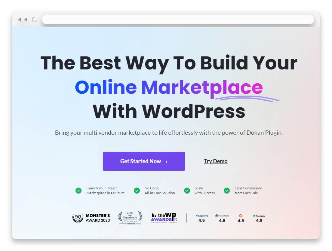 wcv-dokan-homepage - WC Vendors Dokan homepage highlighting online marketplace creation with WordPress and a call-to-action to get started