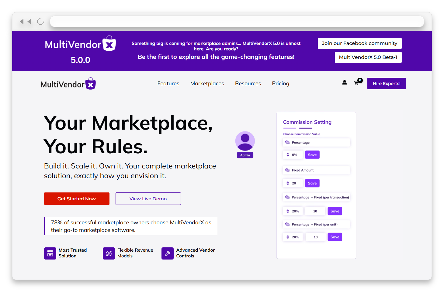 wcv-multivendorx-homepage - WC Vendors MultiVendorX homepage showing marketplace builder features, commission settings, and admin controls