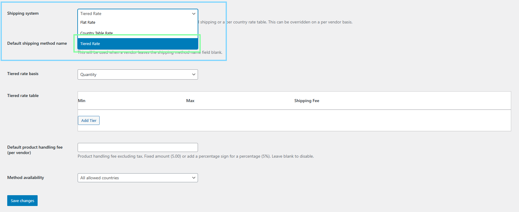 wcv-tiered-rate - WC Vendors WC Vendors Pro shipping settings showing the shipping system dropdown with options like flat rate, country table rate, and tiered rate