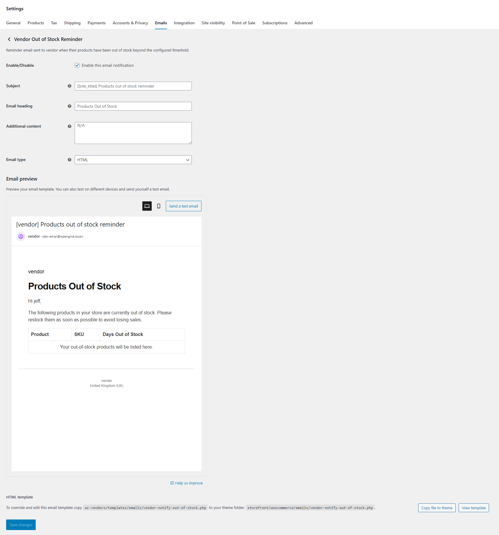 wcv-vendor-out-of-stock-email - WC Vendors WooCommerce email settings page showing the Vendor Out of Stock Reminder email template with subject, heading, and preview of the notification sent to vendors