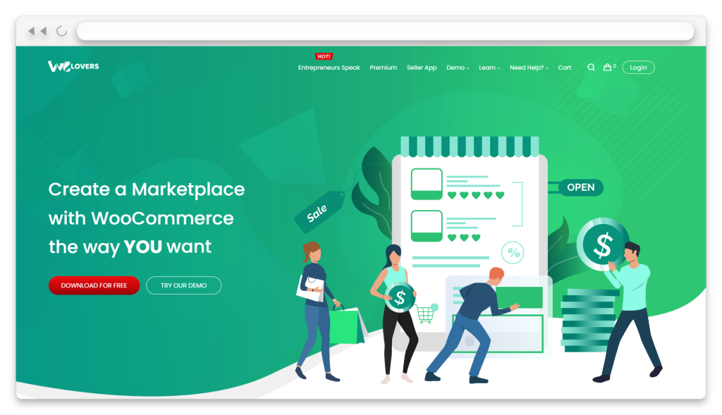 wcv-wcfm-homepage - WC Vendors WCFM Marketplace homepage featuring marketplace creation with WooCommerce and promotional call-to-action buttons