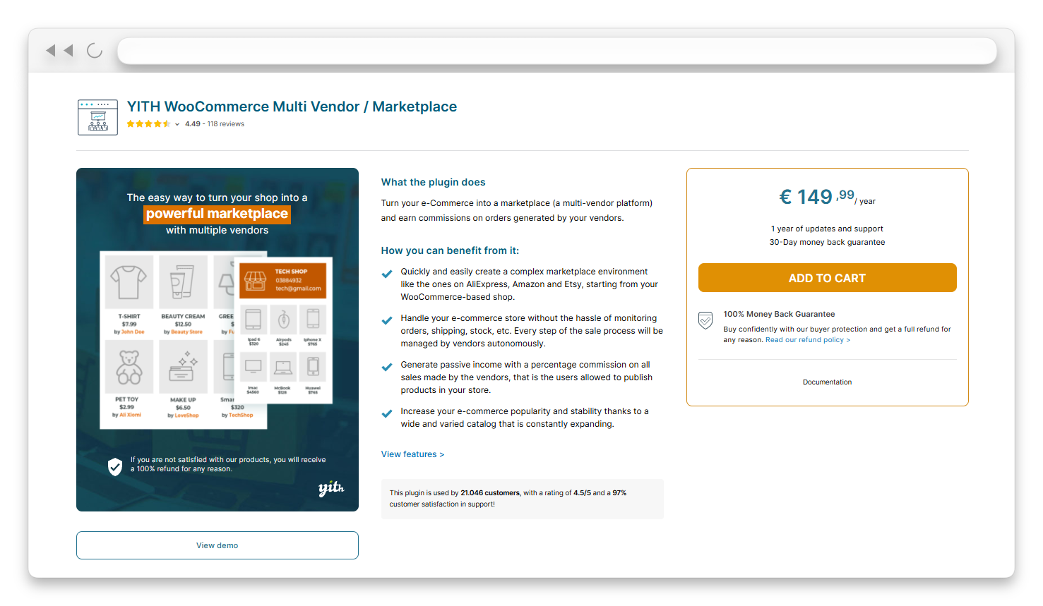 wcv-yith-multivendor-pricing - WC Vendors YITH WooCommerce Multi Vendor plugin page showing features, pricing, and marketplace benefits