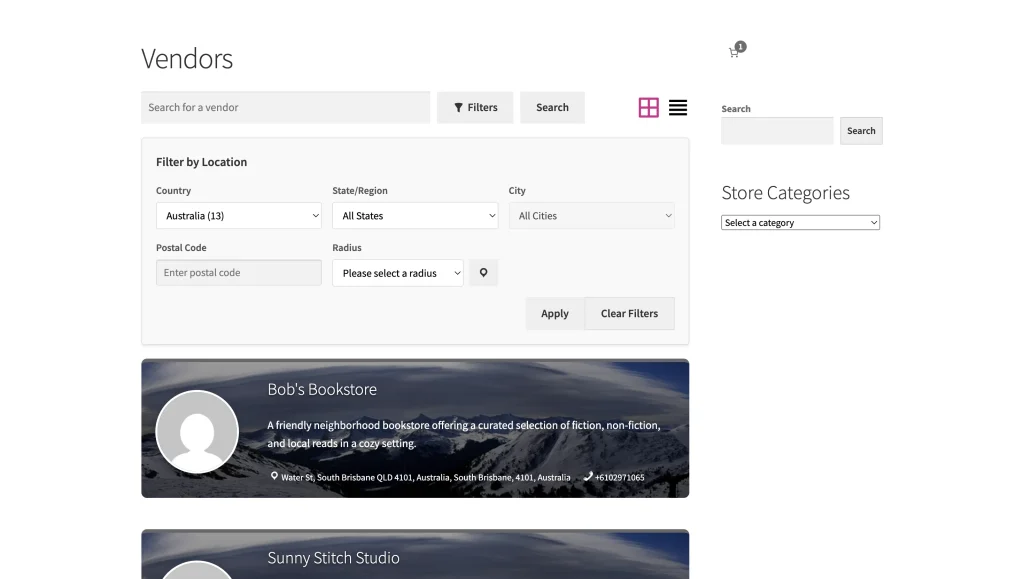 wcvp - vendor store filter - list - filter - WC Vendors