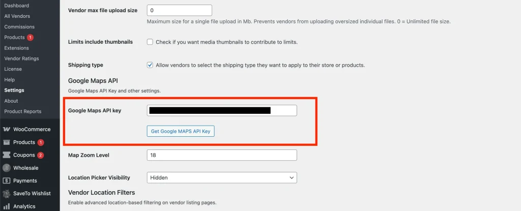 wcvp - vendor store filter - setting google map api key - WC Vendors