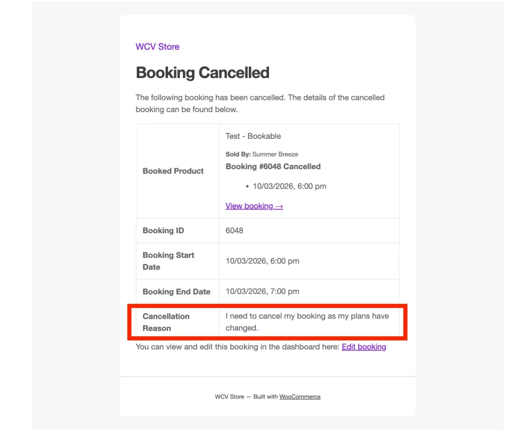wcvwb - booking cancelled by customer - WC Vendors Booking cancelled email notification showing the cancellation reason in the email body