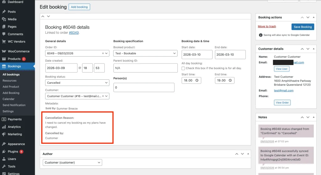 wcvwb - booking details backend - WC Vendors Booking edit screen in WordPress admin showing the cancellation reason stored in booking metadata