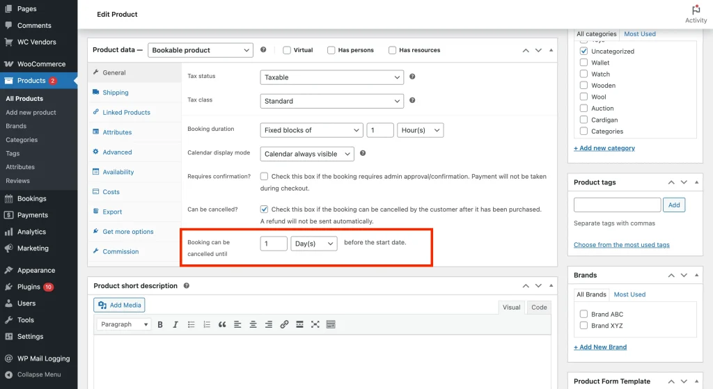 wcvwb - booking product edit - WC Vendors Bookable product General tab showing the'Booking can be cancelled until' setting