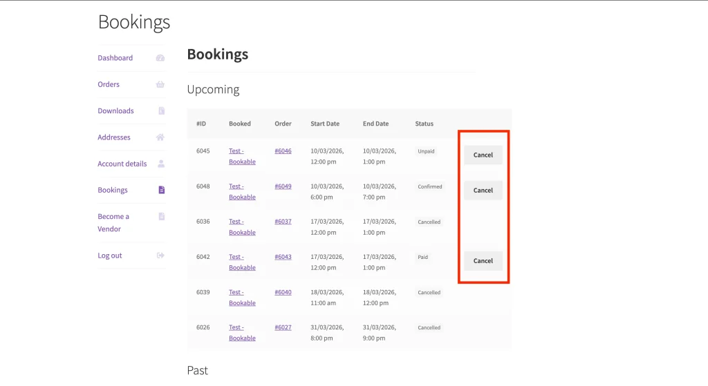 wcvwb - customer booking list - WC Vendors Cancelling a Booking from the Customer Account Dashboard
