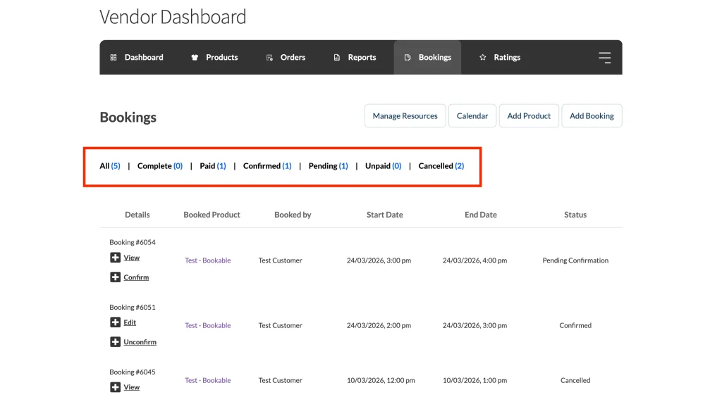wcvwb - filters - WC Vendors Booking Status Filters in the Vendor Dashboard