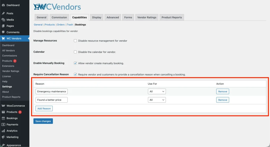 wcvwb - setting - cancellation reasons - WC Vendors Managing Your Cancellation Reasons - How to Add a New Reason