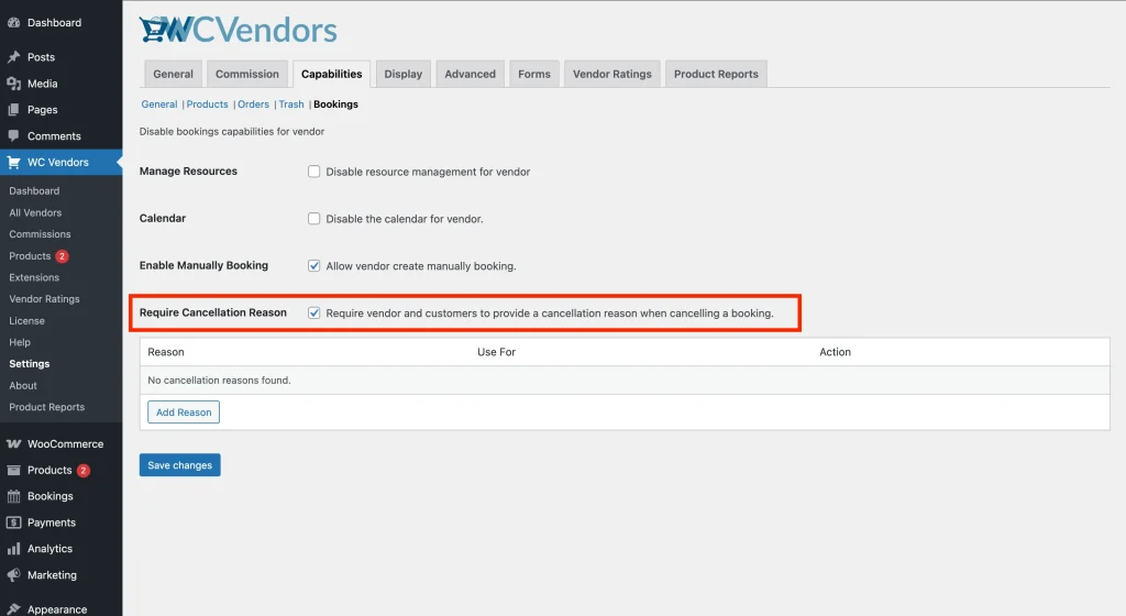 wcvwb - setting - enable require cancellation reasons - WC Vendors WC Vendors Settings Capabilities tab with the Require Cancellation Reason checkbox enabled
