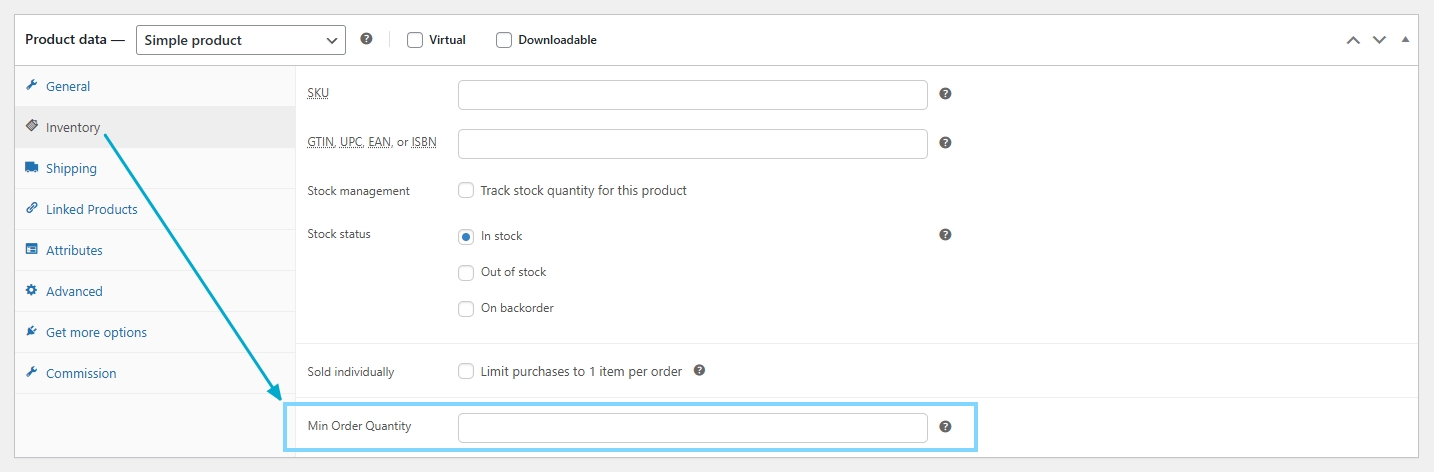 WooCommerce product inventory tab displaying the Min Order Quantity field for a simple product