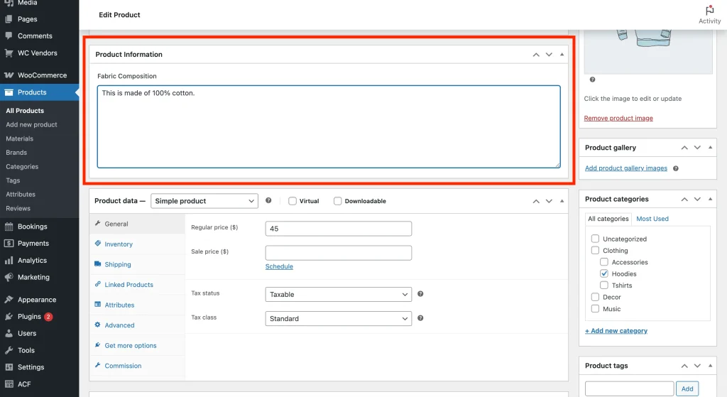 wcvp - acf - product editor for admin - WC Vendors Custom Product Field Group on the Admin Dashboard