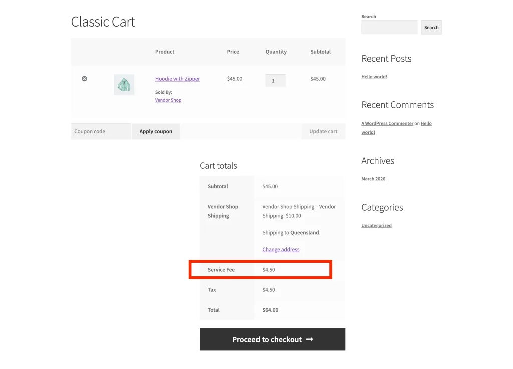 WooCommerce cart showing a marketplace fee line item added as a customer-paid service fee