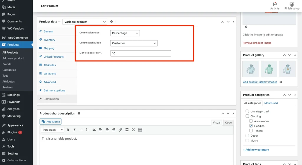 WooCommerce product data Commission tab showing the Commission Mode dropdown