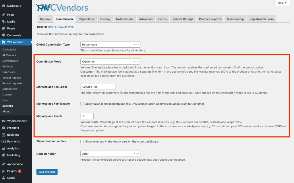 WC Vendors Pro Commission settings page showing Commission Mode set to Customer, Marketplace Fee Label field, Marketplace Fee Taxable checkbox, and Marketplace Fee % field