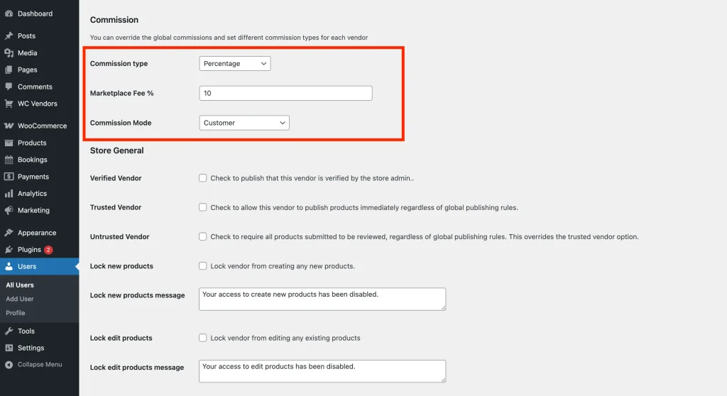 Vendor user profile page showing the WC Vendors Commission Mode dropdown
