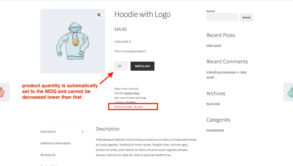 wcvp - moq - product page - WC Vendors MOQ Implementation in the Marketplace Storefront.