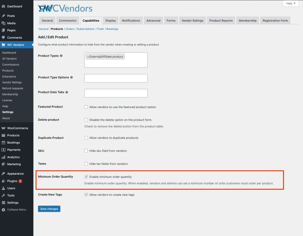 wcvp - moq - setting - WC Vendors Enable the MOQ feature globally from WC Vendors → Settings → Capabilities → Product