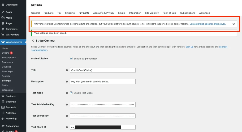 wcvsc - crossborder - admin notice - unsupported - WC Vendors WordPress admin showing the service agreement notice, e.g. " Cross-border payouts are enabled, but your Stripe platform account country is not in Stripe's supported cross-border regions. Contact Stripe sales for alternatives."