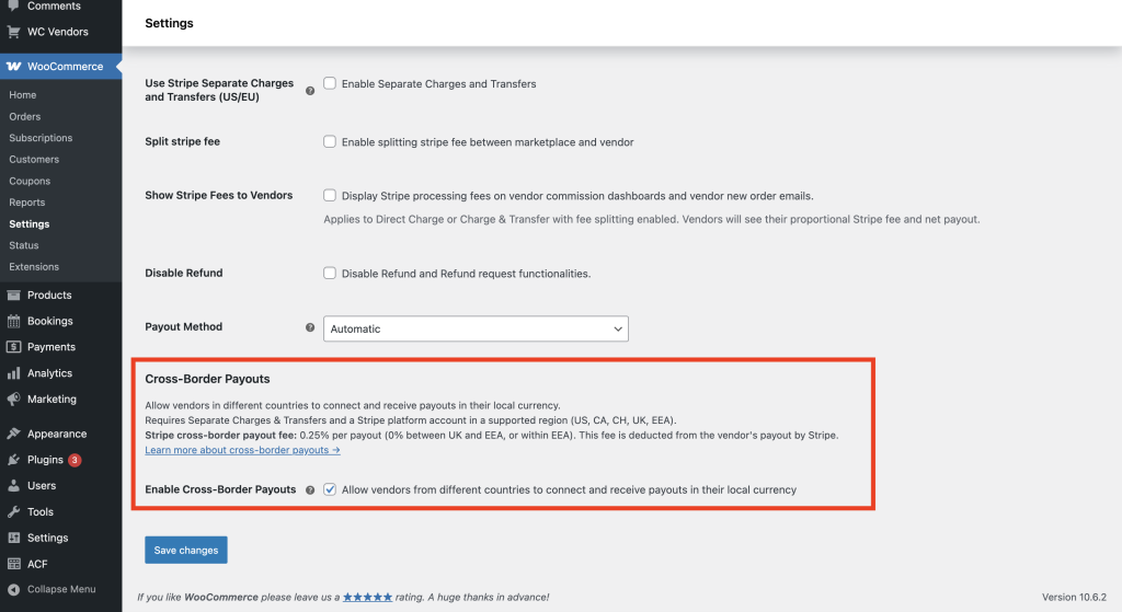 wcvsc - crossborder - enable crossborder - WC Vendors The Stripe Connect settings page showing the Cross-Border Payouts section, with the "Enable Cross-Border Payouts" checkbox ticked and the fee information note visible below it.