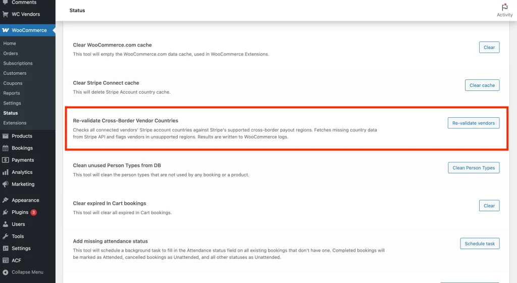 wcvsc - crossborder - revalidate - WC Vendors WooCommerce → Status → Tools page with the Re-validate Cross-Border Vendor Countries row, showing the Re-validate vendors button.