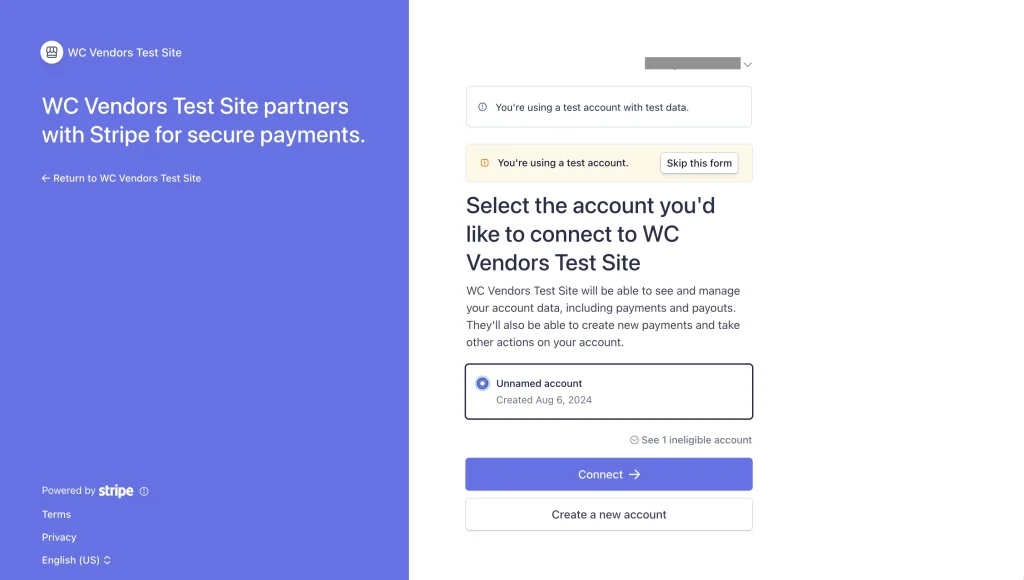 wcvsc - crossborder - stripe setup - WC Vendors The vendor's Stripe OAuth connection flow, showing the Full service agreement prompt during the Connect with Stripe onboarding screen.