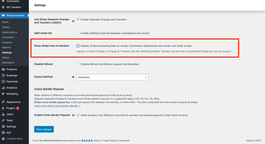 wcvsc - show stripe fees to vendors - setting - WC Vendors Stripe Connect settings page with the Show Stripe Fees to Vendors checkbox highlighted, showing the description "Display Stripe processing fees on vendor commission dashboards and vendor new order emails".