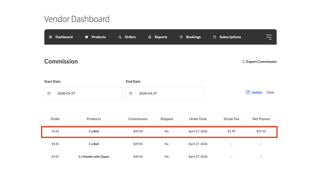 wcvsc - show stripe fees to vendors - vendor dashboard commission - WC Vendors Vendor commission dashboard showing the Stripe Fee and Net Payout columns, with monetary values for a recent order.