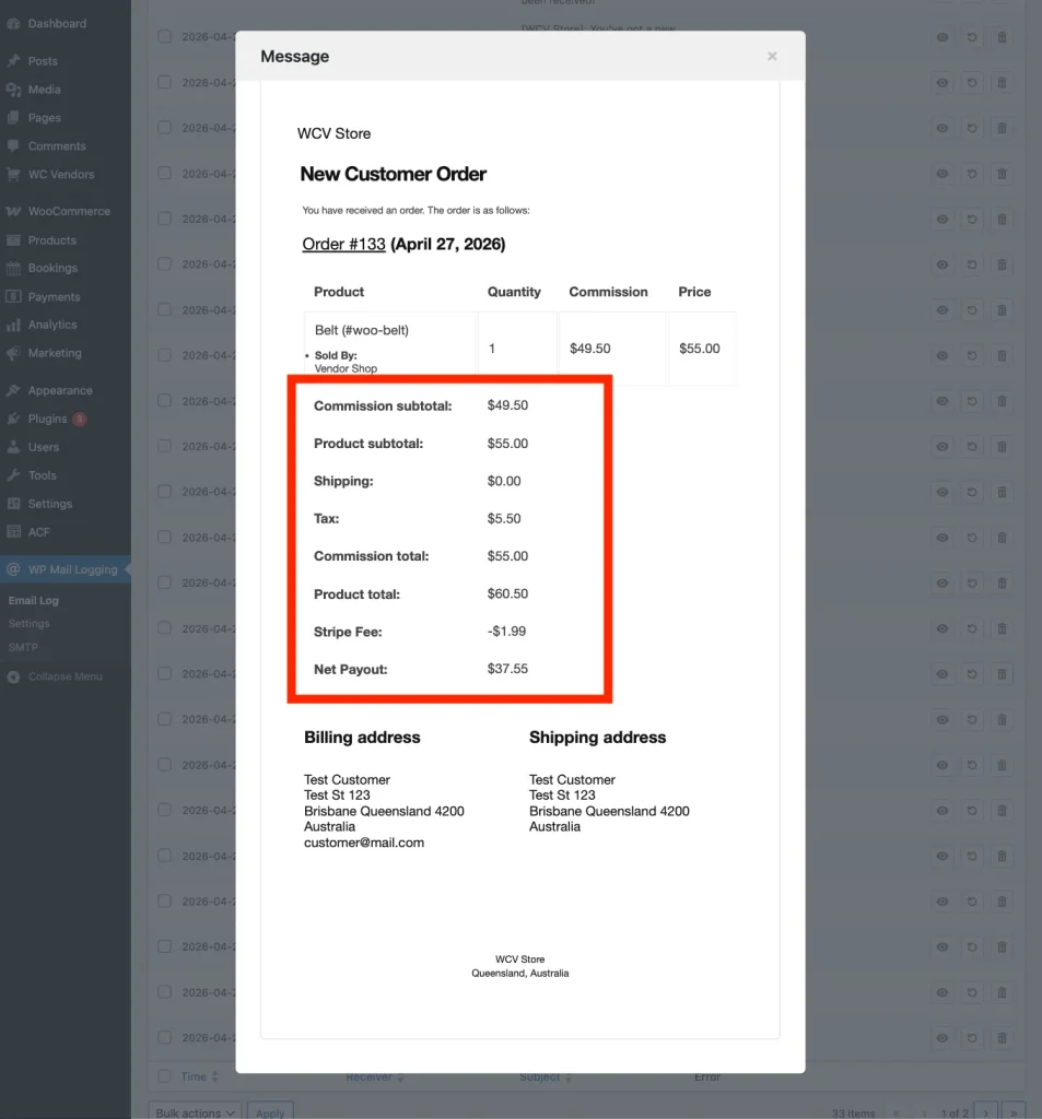 wcvsc - show stripe fees to vendors - vendor new order email - WC Vendors Vendor new order email showing the Stripe Fee and Net Payout rows below the commission subtotal