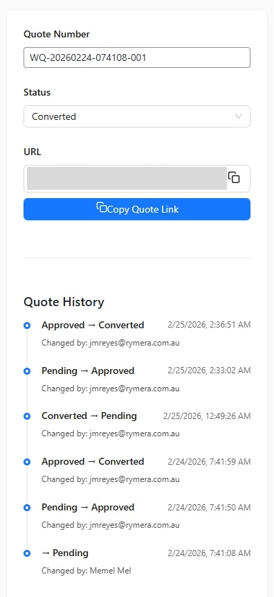 wwq-edit-quote-admin-03 - WC Vendors WooCommerce quote details screen showing quote number, status set to converted, shareable quote URL, and quote history timeline with status changes