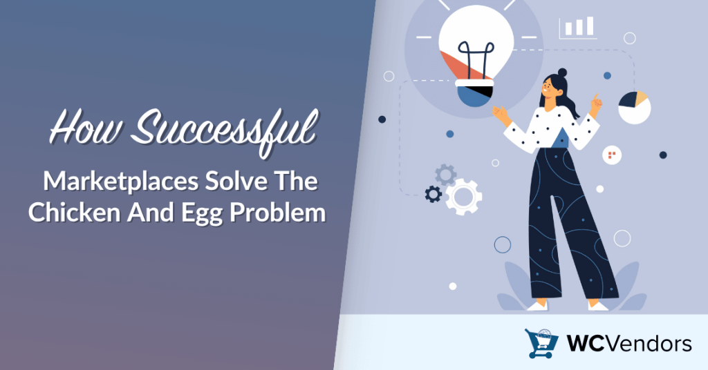 Illustration of a woman with a light bulb and gears, symbolizing solving the marketplace chicken‑and‑egg problem (WC Vendors).