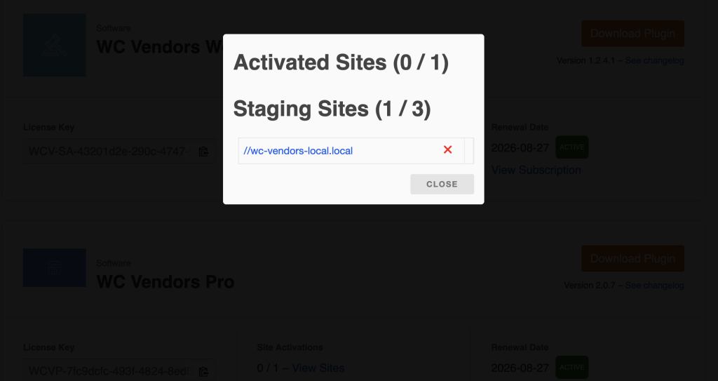 Dialog showing Activated Sites (0/1) and Staging Sites (1/3) with a URL field and a red remove icon