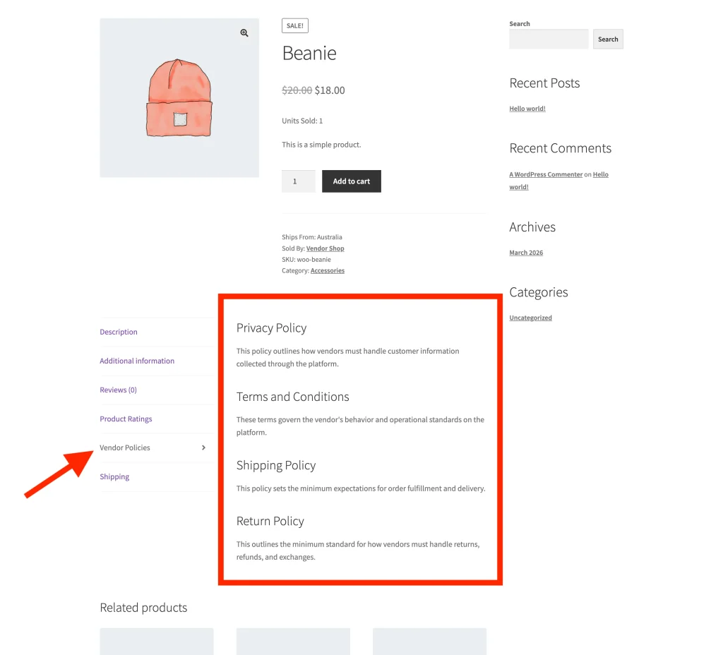 wcvp - global vendor policies - product page - WC Vendors A WooCommerce single product page showing the "Vendor Policies" tab in the product tabs row, with policy content visible when the tab is active.