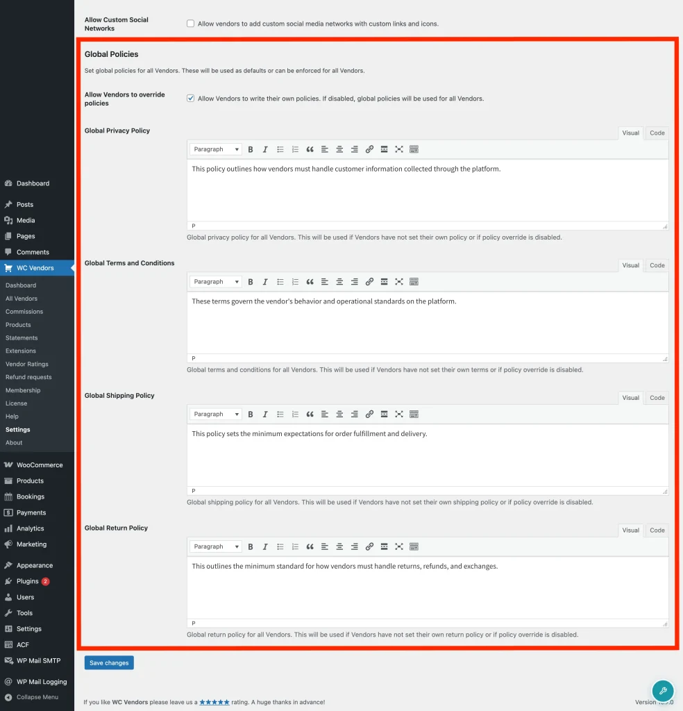 wcvp - global vendor policies - settings - WC Vendors WC Vendors → Settings → Forms page with the Global Policies section visible, showing the four WYSIWYG editor fields and the "Allow vendors to override policies" checkbox above them.