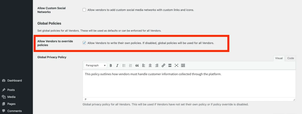 wcvp - global vendor policies - settings - override - WC Vendors The "Allow vendors to override policies" checkbox in the Global Policies section, with the description text visible below it.