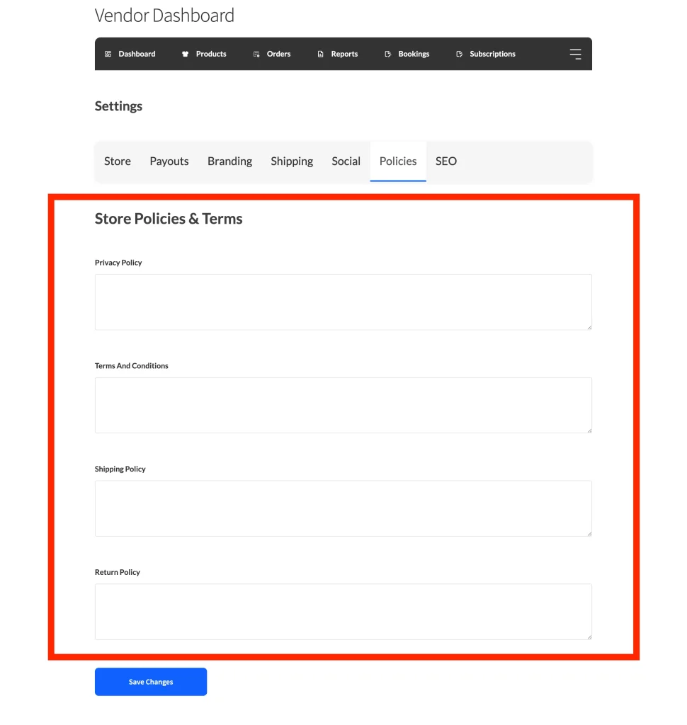 wcvp - global vendor policies - vendor settings - WC Vendors Vendor Dashboard → Settings → Policies tab, showing the four policy text fields.