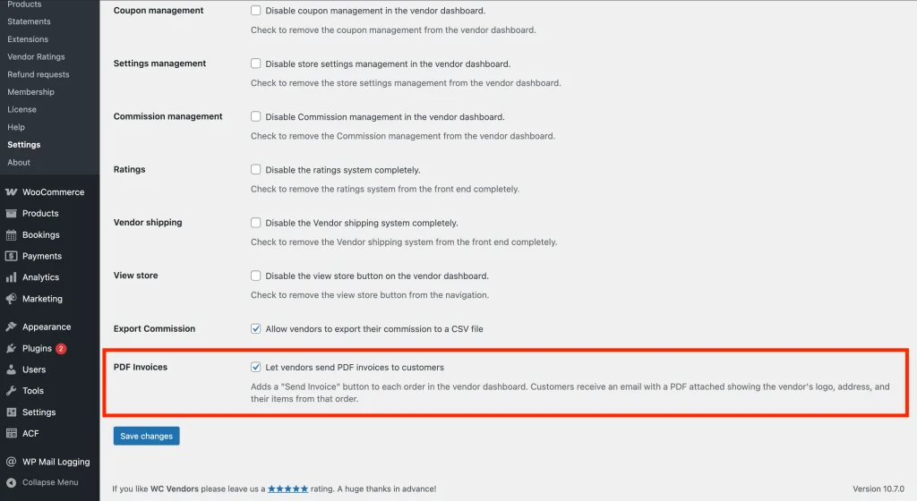 wcvp - invoice email - capabilities general settings - WC Vendors Capabilities → General settings with Pro Features section with the PDF Invoices checkbox ticked.
