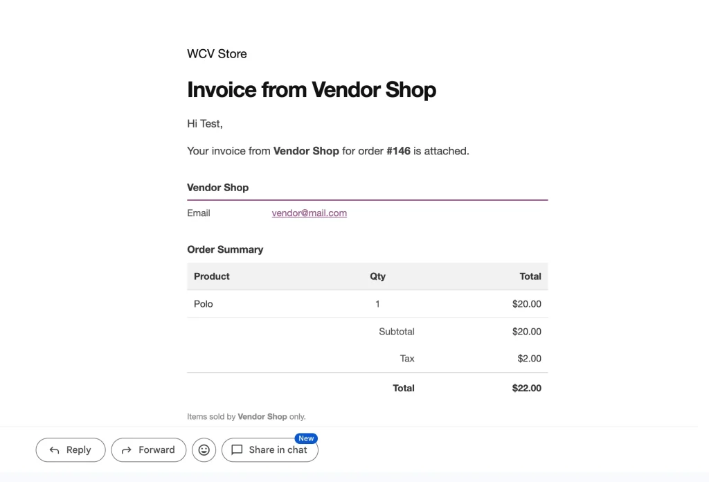 wcvp - invoice email - gmail - WC Vendors Customer invoice email in an email client showing the vendor name, contact info, and order summary table.