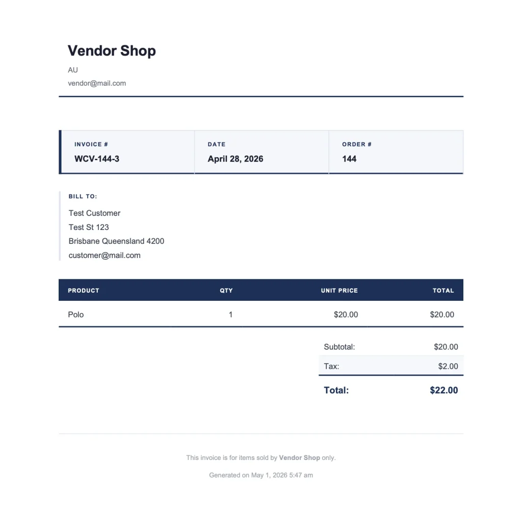 wcvp - invoice email - pdf - WC Vendors PDF invoice attachment open showing vendor logo, item table with product names, quantities, unit prices, and totals.