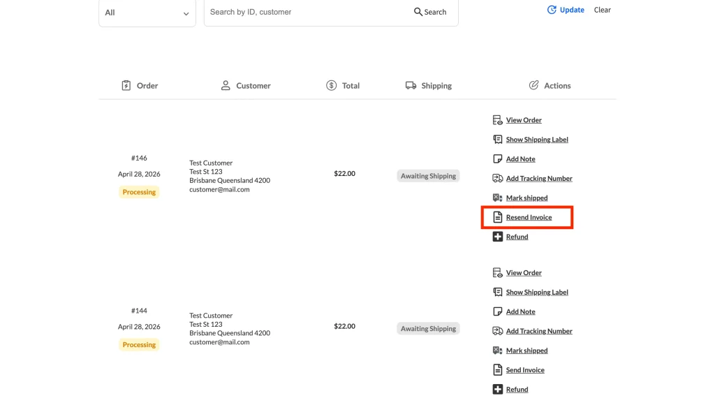 wcvp - invoice email - vendor dashboard - resend - WC Vendors The same order row showing the Resend Invoice button after an invoice has already been sent.