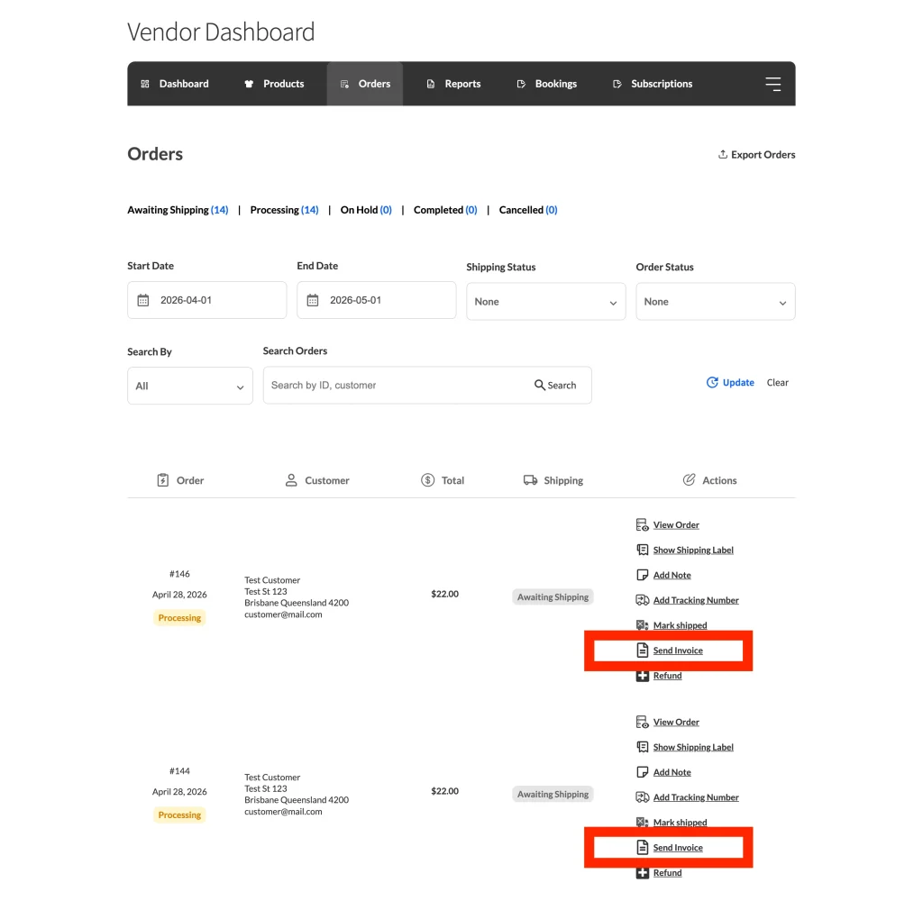 wcvp - invoice email - vendor dashboard - send - WC Vendors Vendor dashboard orders table showing the Send Invoice button on an order row.