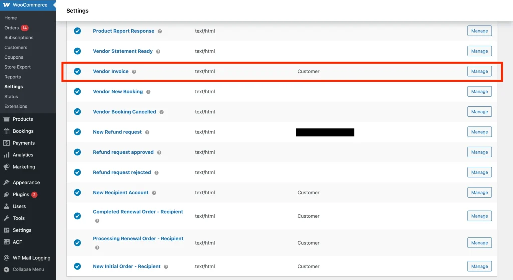 wcvp - invoice email - wc emails settings - WC Vendors WooCommerce Settings Emails tab with the Vendor Invoice row visible and the Manage button highlighted.