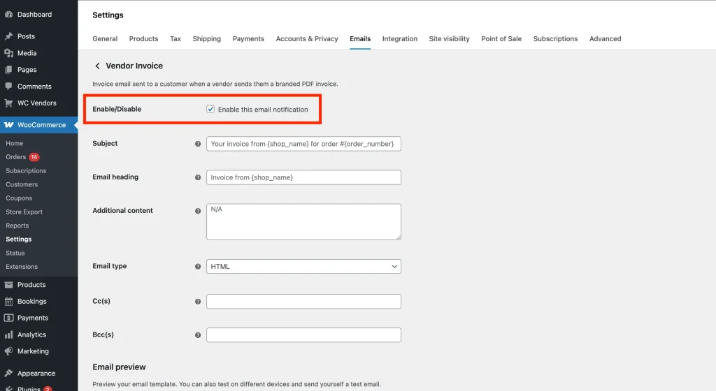 wcvp - invoice email - wc emails settings - vendor invoice - WC Vendors Vendor Invoice email settings form showing the Enable, Subject, and Heading fields.