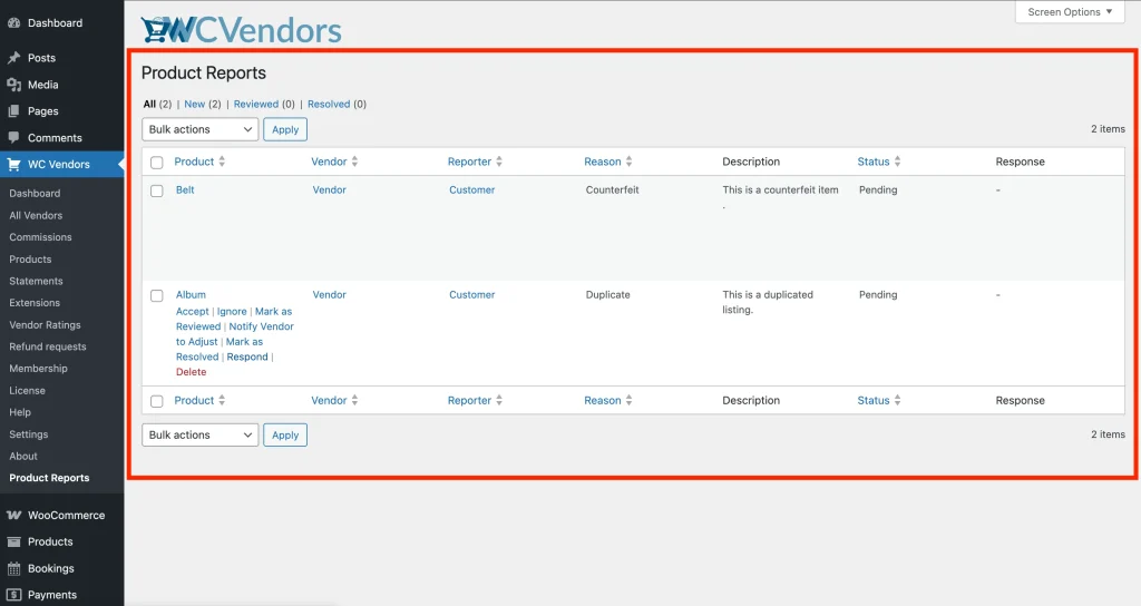 The WC Vendors → Product Reports admin page showing the reports table with columns for Product, Vendor, Reporter, Reason, Description, Status, and Response, and the filter tabs (All, New, Reviewed, Resolved) at the top.