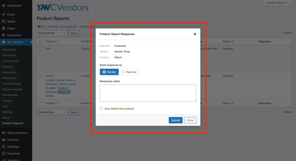 The Respond popup showing the context panel (Reporter, Vendor, Product names), the "Send response to" radio buttons set to "Vendor", a Response notes textarea, and the "Also delete this product" checkbox.