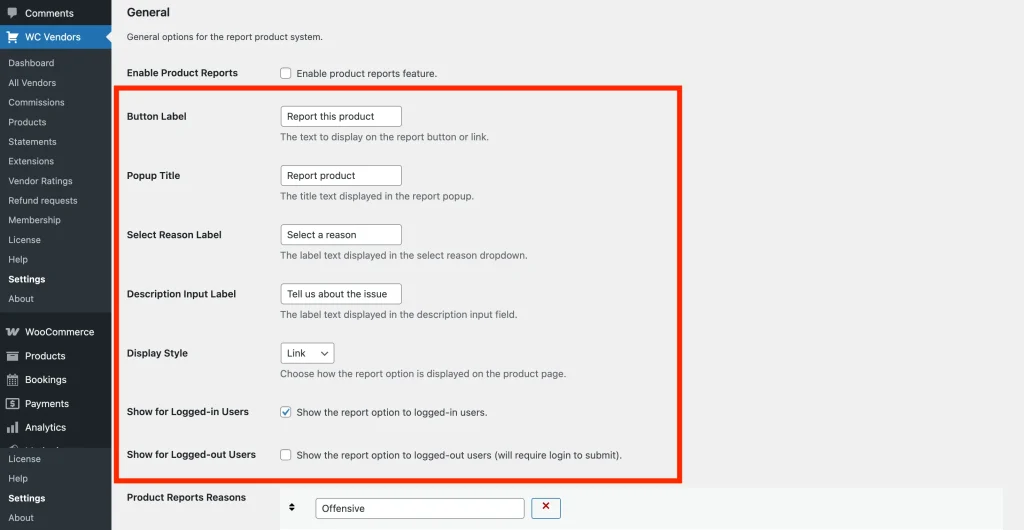 The Product Reports settings tab showing the Button Label, Popup Title, Display Style dropdown, and the Show for Logged-in Users / Show for Logged-out Users checkboxes.