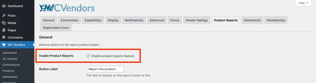 The WC Vendors Settings page with the Product Reports tab selected and the "Enable Product Reports" checkbox checked.