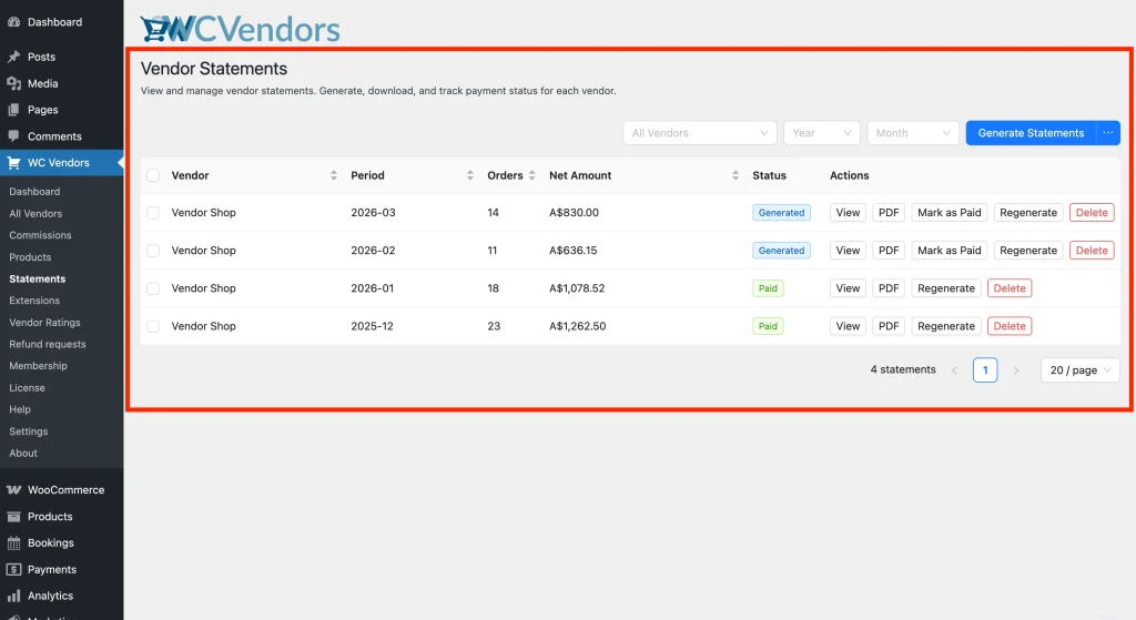 wcvp - statements - all - WC Vendors WC Vendors → Statements page showing the full statements table with Vendor, Period, Orders, Net Amount, Status, and Actions columns.